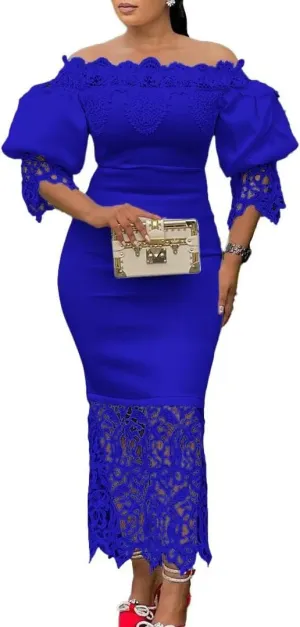 Elegant Sexy Floral Lace Off Shoulder Evening Gown Party Bodycon Midi Dress