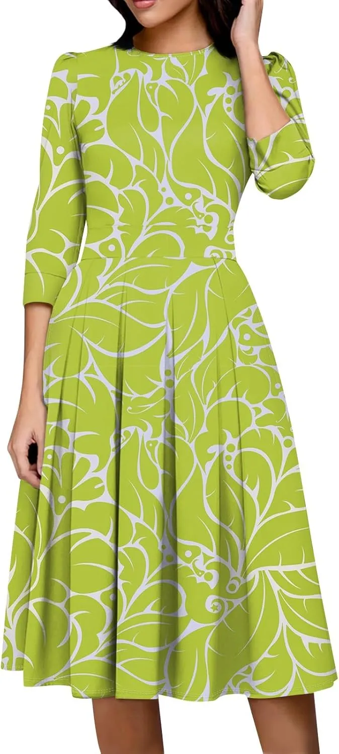 Elegant Women's Floral Print A-Line Midi Dress with 3/4 Sleeves Perfect for Casual and Formal Occasions