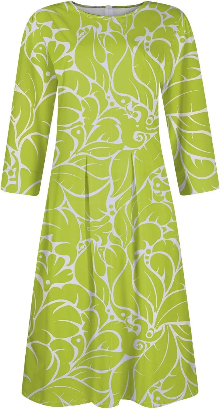 Elegant Women's Floral Print A-Line Midi Dress with 3/4 Sleeves Perfect for Casual and Formal Occasions