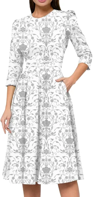 Elegant Women's Floral Print A-Line Midi Dress with 3/4 Sleeves Perfect for Casual and Formal Occasions