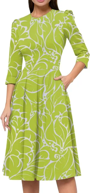 Elegant Women's Floral Print A-Line Midi Dress with 3/4 Sleeves Perfect for Casual and Formal Occasions