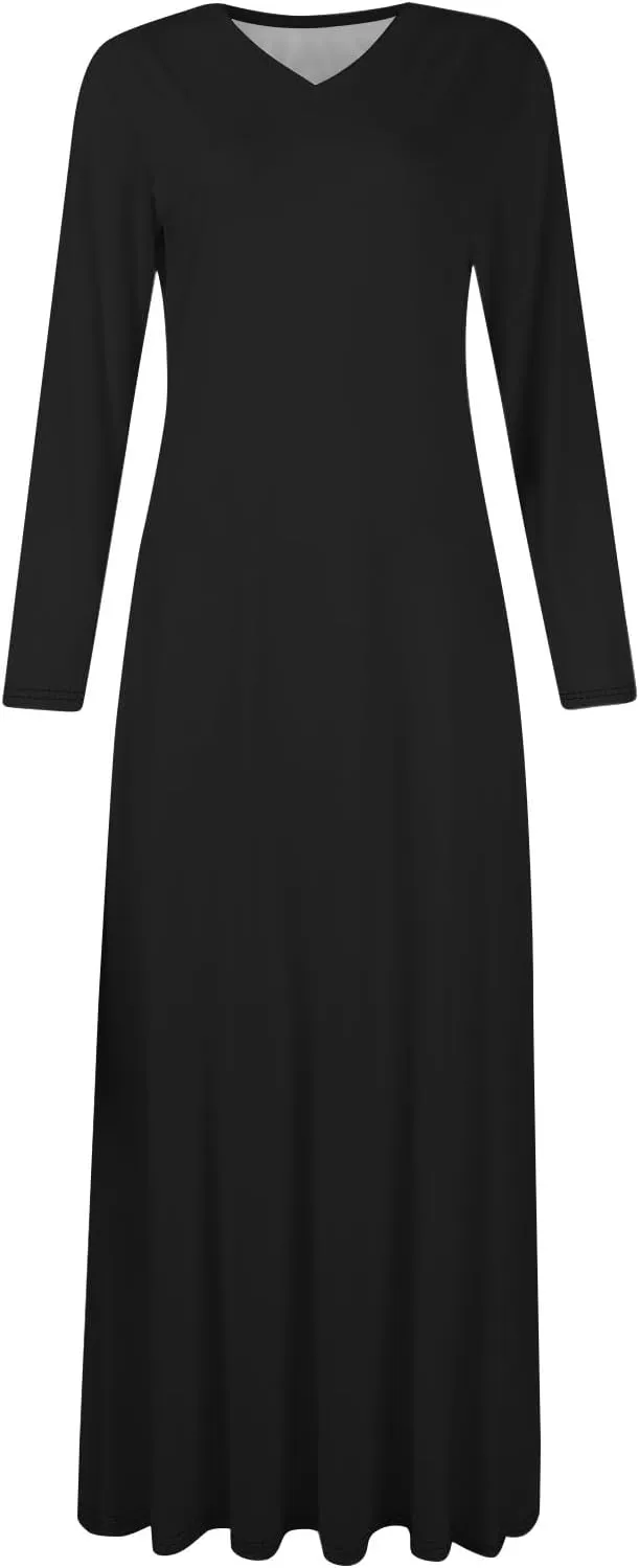 Elegant Women's Long Sleeve V-Neck Maxi Dress, Casual Loose Fit, Soft Red Fabric, Perfect for Summer Outfits