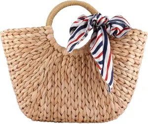 EROUGE Natural Chic Straw Bag Hand Woven Round Handle Handbags Retro Summer Beach Bag