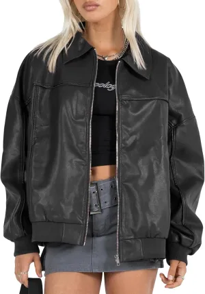 EsheSy Women's Oversized Leather Jacket Faux Boyfriend Motorcycle Full Zip Bomber Jacket with Pockets