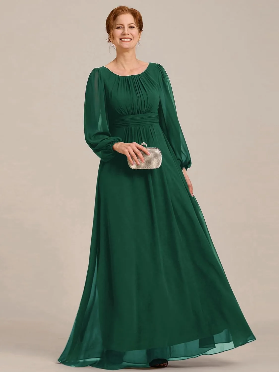 Ever-Pretty Classic Round Neck Long Sleeves Empire Waist Floor Length Chiffon Mother of The Bride Dresses 0106B-PH