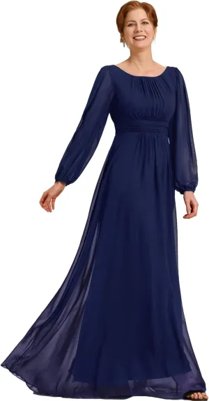Ever-Pretty Classic Round Neck Long Sleeves Empire Waist Floor Length Chiffon Mother of The Bride Dresses 0106B-PH