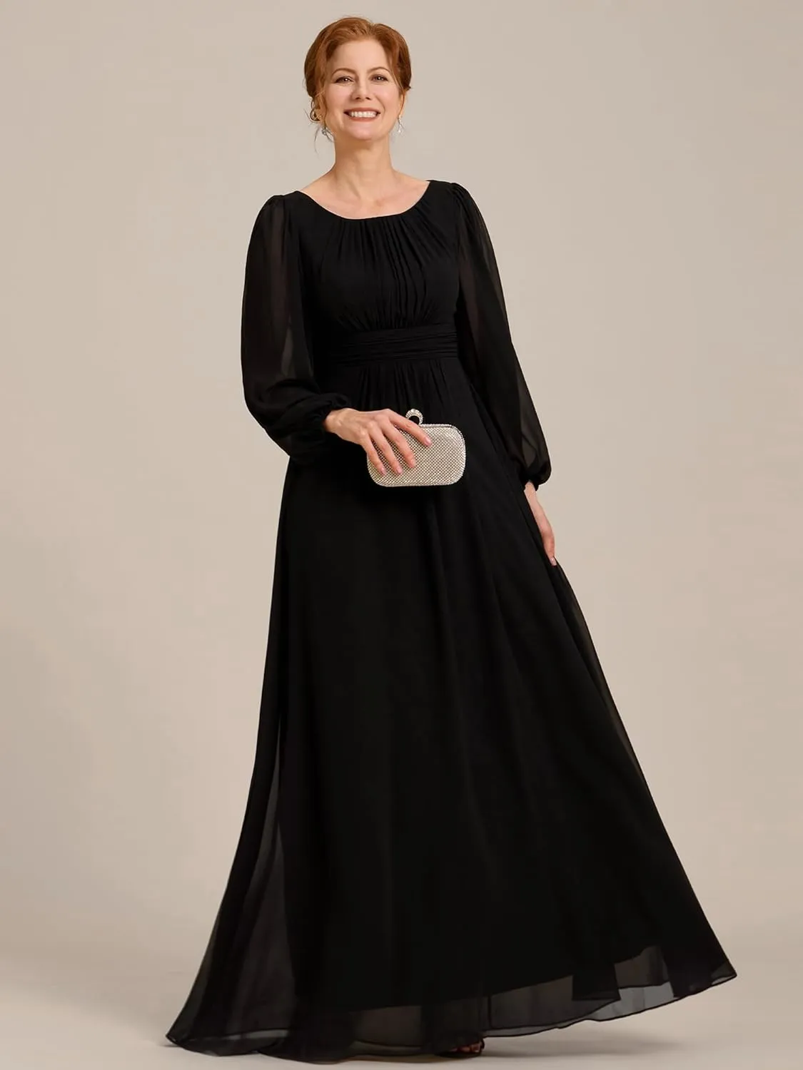Ever-Pretty Classic Round Neck Long Sleeves Empire Waist Floor Length Chiffon Mother of The Bride Dresses 0106B-PH