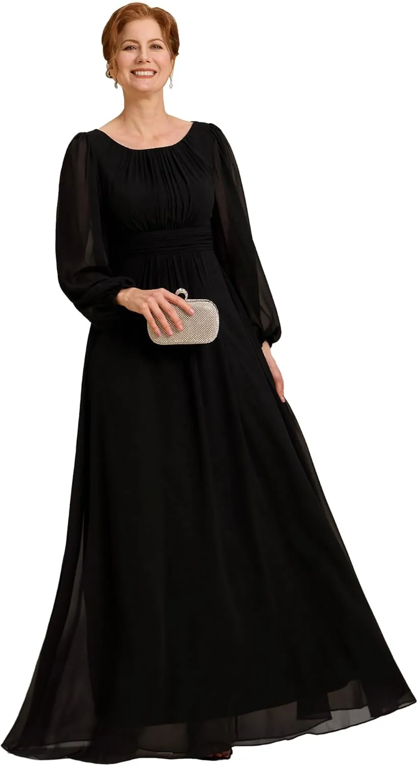 Ever-Pretty Classic Round Neck Long Sleeves Empire Waist Floor Length Chiffon Mother of The Bride Dresses 0106B-PH