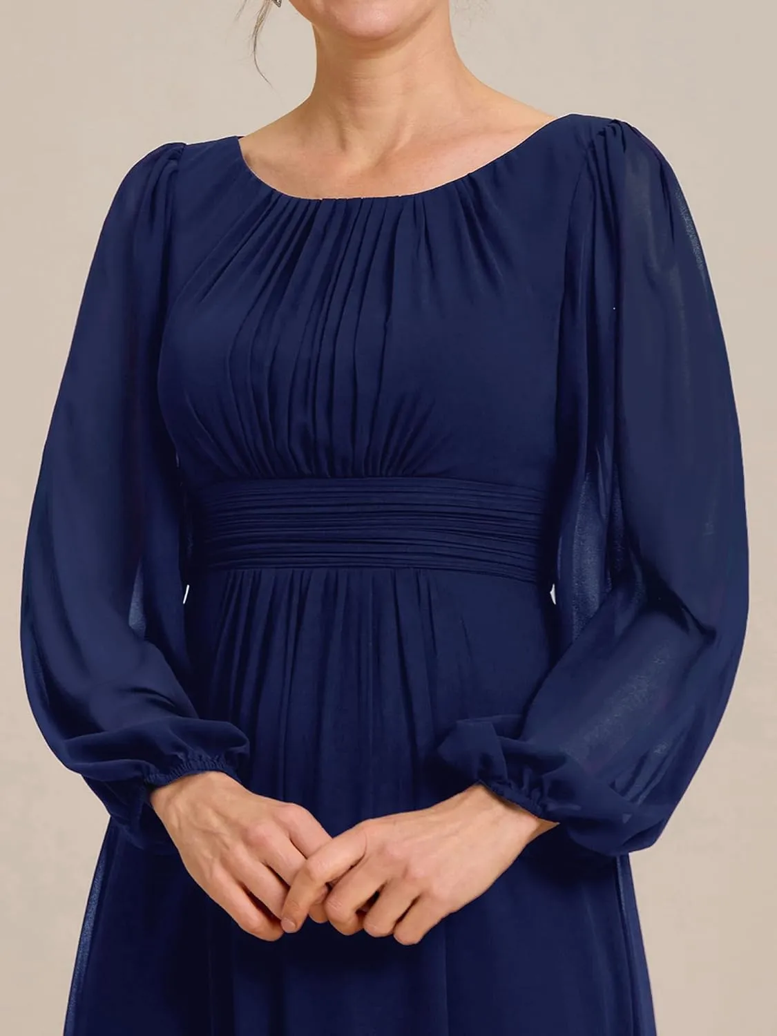 Ever-Pretty Classic Round Neck Long Sleeves Empire Waist Floor Length Chiffon Mother of The Bride Dresses 0106B-PH