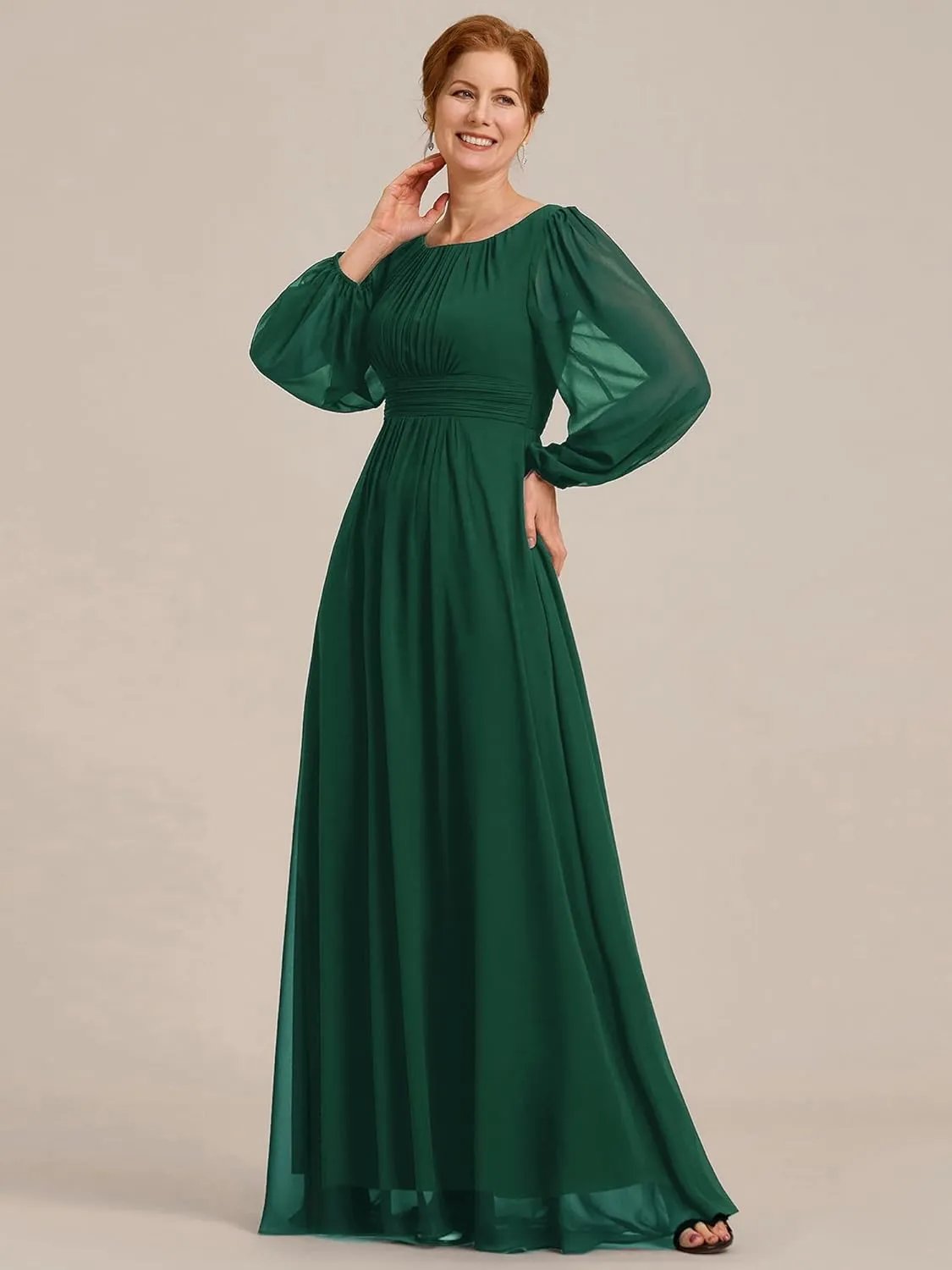 Ever-Pretty Classic Round Neck Long Sleeves Empire Waist Floor Length Chiffon Mother of The Bride Dresses 0106B-PH