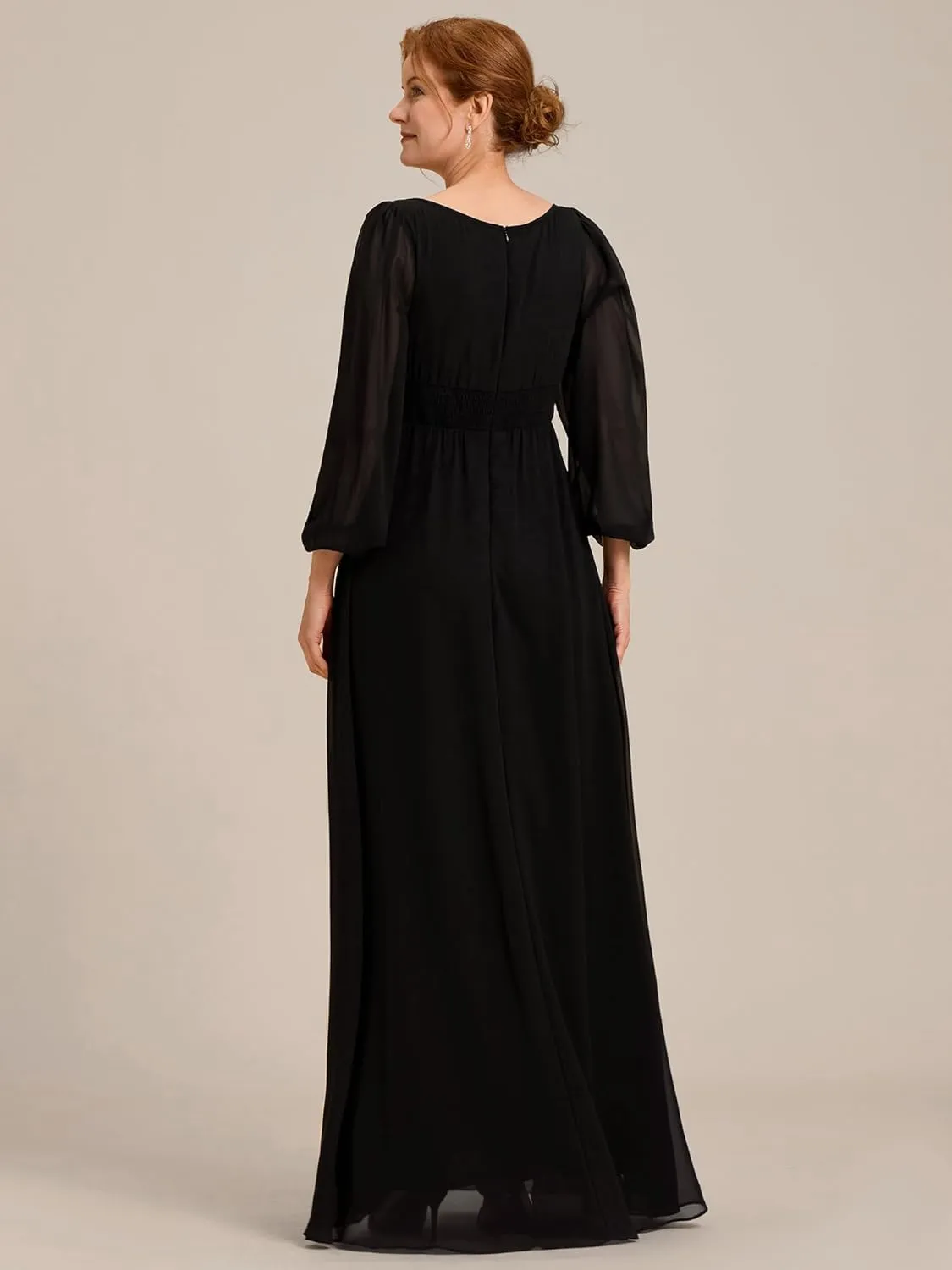 Ever-Pretty Classic Round Neck Long Sleeves Empire Waist Floor Length Chiffon Mother of The Bride Dresses 0106B-PH