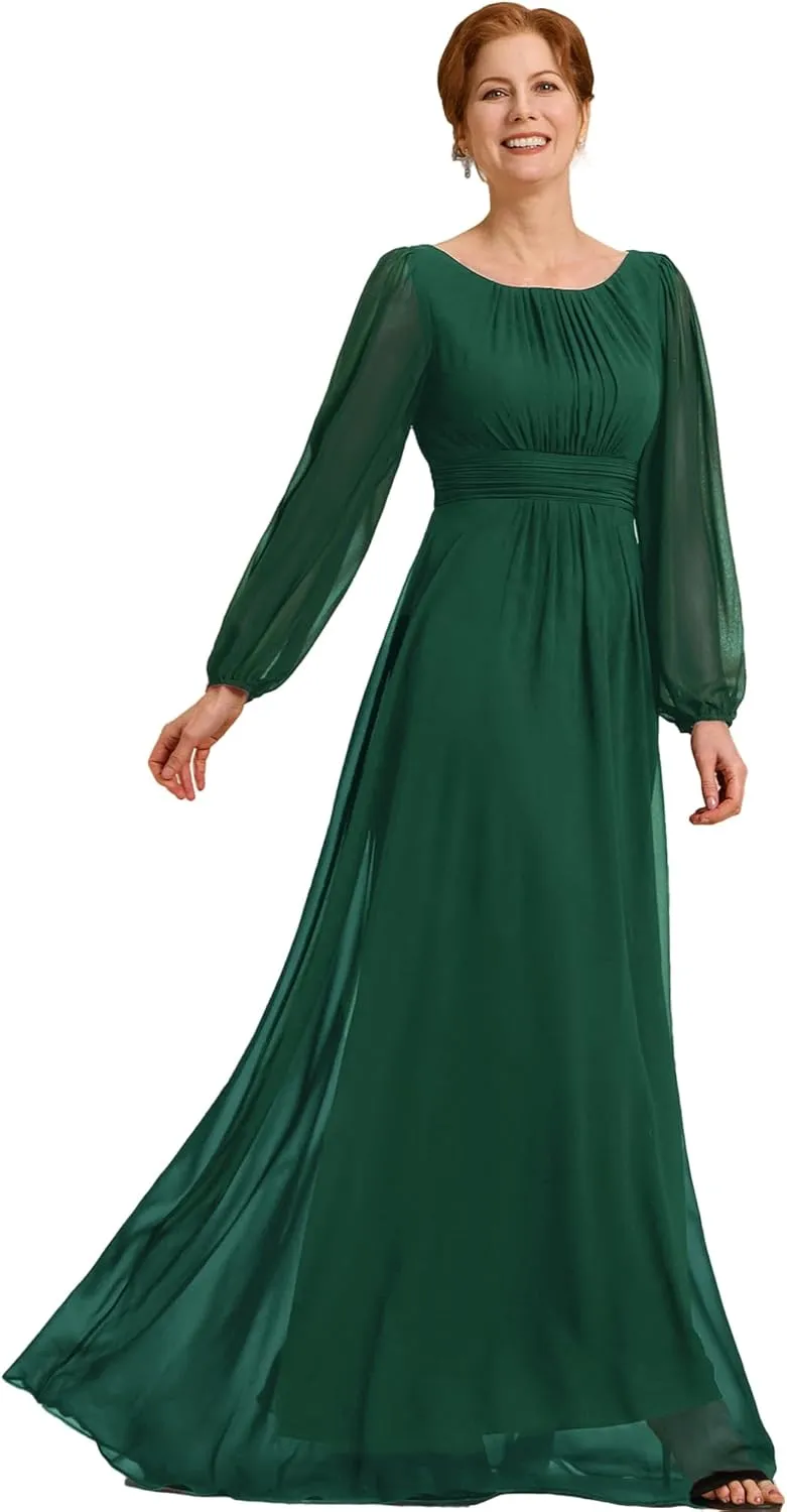 Ever-Pretty Classic Round Neck Long Sleeves Empire Waist Floor Length Chiffon Mother of The Bride Dresses 0106B-PH