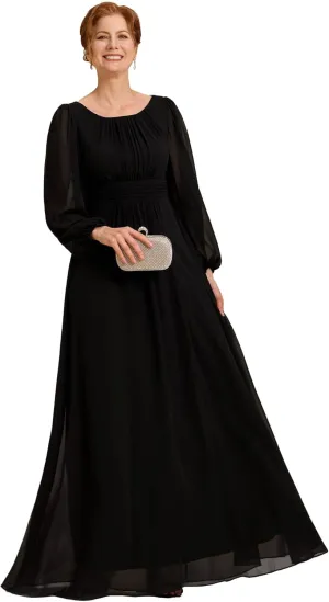 Ever-Pretty Classic Round Neck Long Sleeves Empire Waist Floor Length Chiffon Mother of The Bride Dresses 0106B-PH