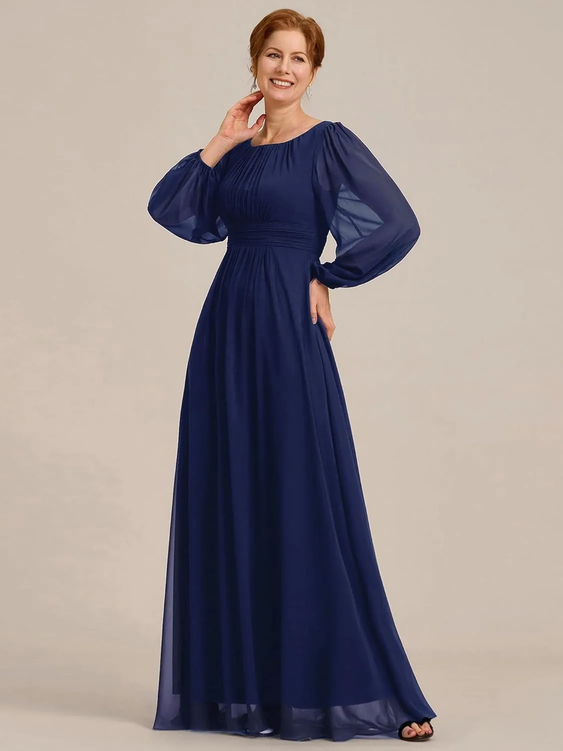 Ever-Pretty Classic Round Neck Long Sleeves Empire Waist Floor Length Chiffon Mother of The Bride Dresses 0106B-PH