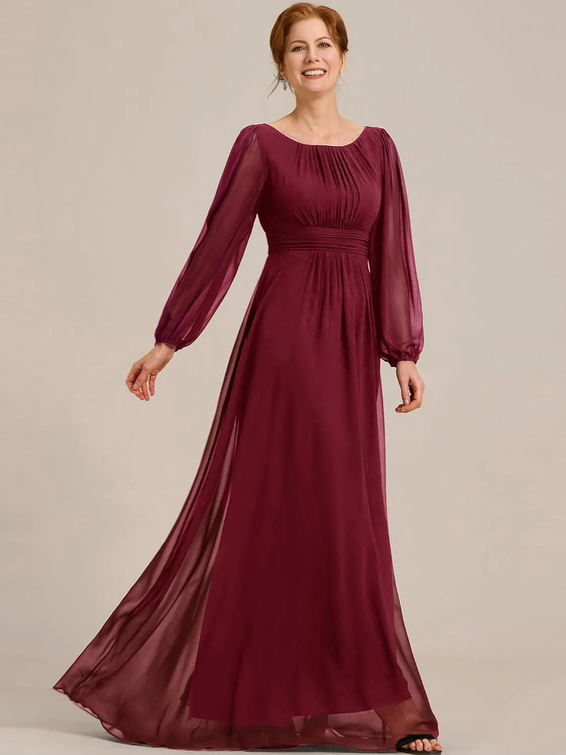 Ever-Pretty Classic Round Neck Long Sleeves Empire Waist Floor Length Chiffon Mother of The Bride Dresses 0106B-PH