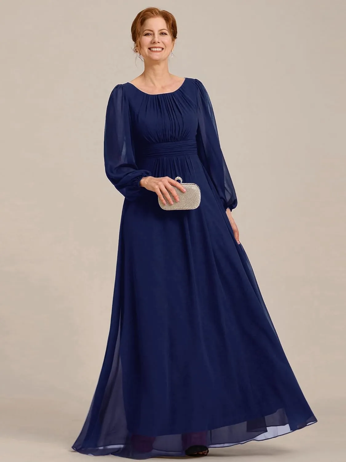 Ever-Pretty Classic Round Neck Long Sleeves Empire Waist Floor Length Chiffon Mother of The Bride Dresses 0106B-PH