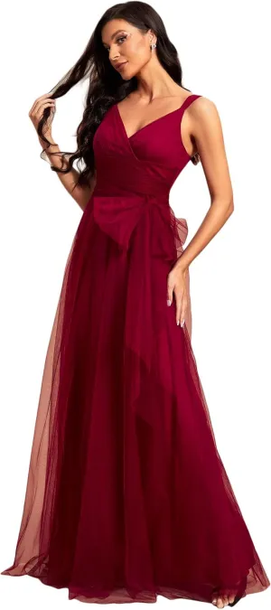 Ever-Pretty Women's Elegant V Neck Sash Waist A-Line Maxi Tulle Wrap Dress Bridesmaid Dresses 07303-USA