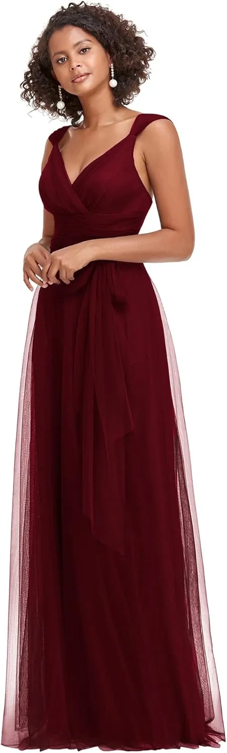 Ever-Pretty Women's Elegant V Neck Sash Waist A-Line Maxi Tulle Wrap Dress Bridesmaid Dresses 07303-USA