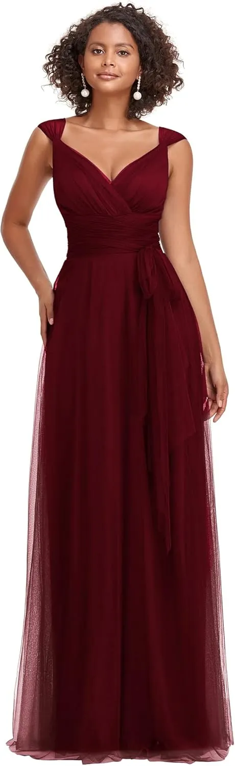 Ever-Pretty Women's Elegant V Neck Sash Waist A-Line Maxi Tulle Wrap Dress Bridesmaid Dresses 07303-USA