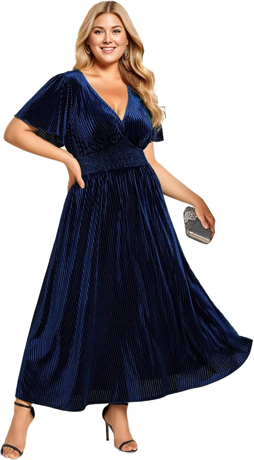 Ever-Pretty Women's Ruched V Neck Ruffed Sleeve Velvet Plus Size Fall Formal Wedding Guest Dress Cocktail Dress 01939-DA