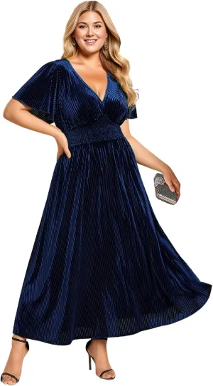 Ever-Pretty Women's Ruched V Neck Ruffed Sleeve Velvet Plus Size Fall Formal Wedding Guest Dress Cocktail Dress 01939-DA