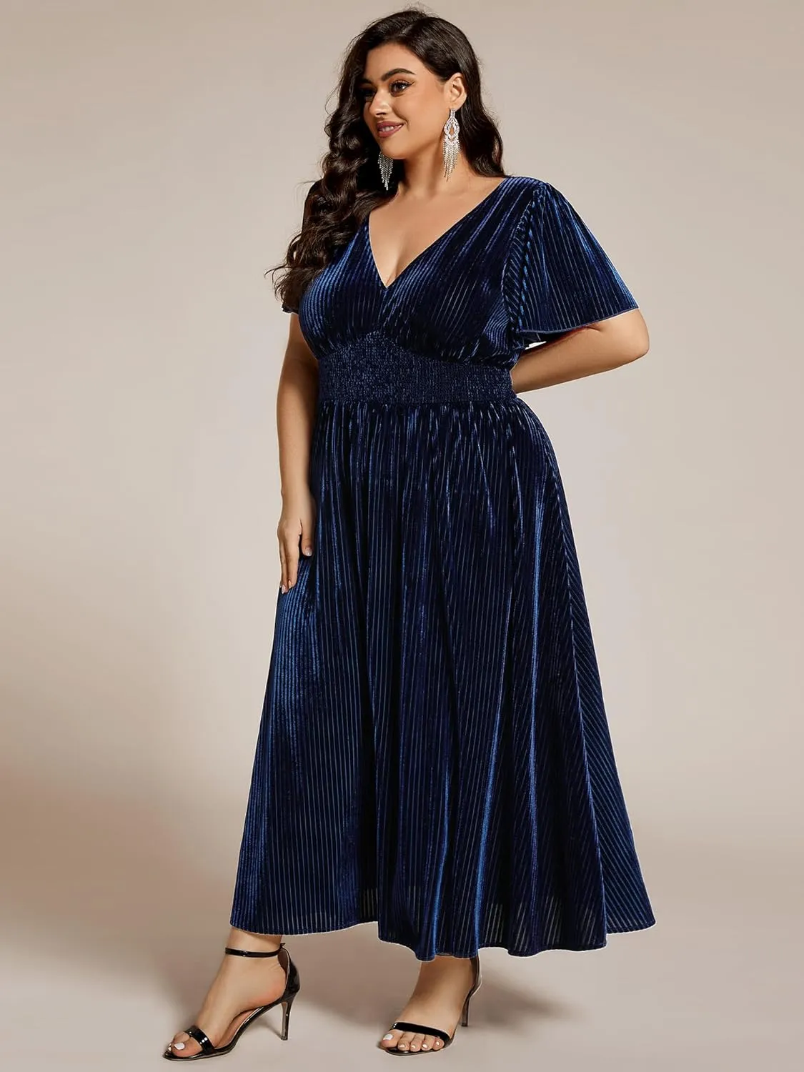 Ever-Pretty Women's Ruched V Neck Ruffed Sleeve Velvet Plus Size Fall Formal Wedding Guest Dress Cocktail Dress 01939-DA