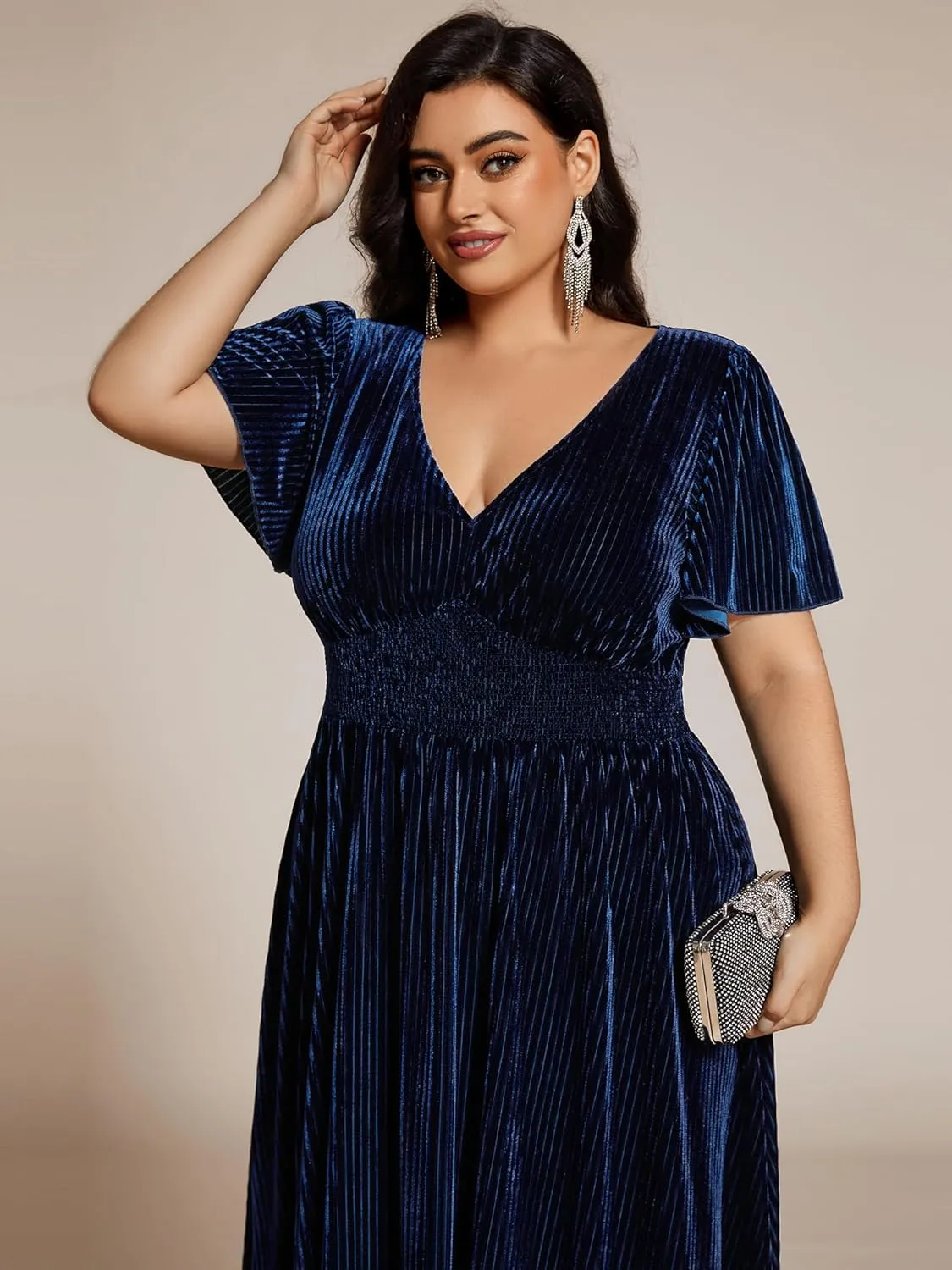 Ever-Pretty Women's Ruched V Neck Ruffed Sleeve Velvet Plus Size Fall Formal Wedding Guest Dress Cocktail Dress 01939-DA