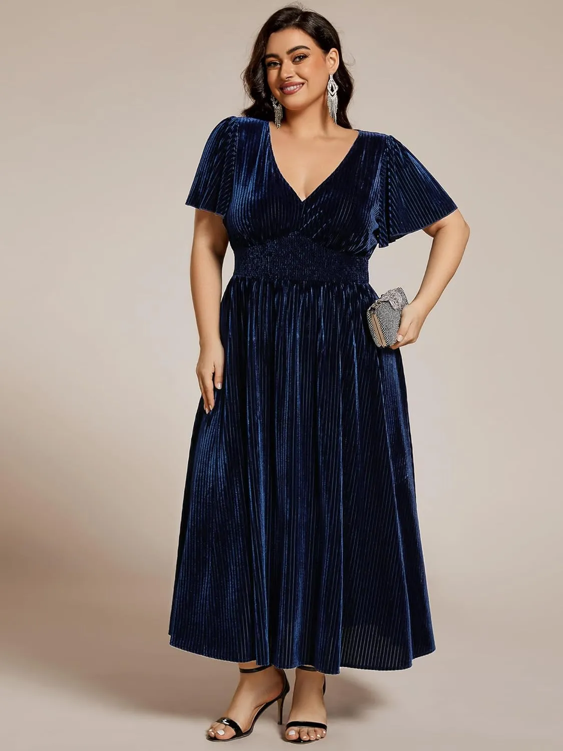 Ever-Pretty Women's Ruched V Neck Ruffed Sleeve Velvet Plus Size Fall Formal Wedding Guest Dress Cocktail Dress 01939-DA