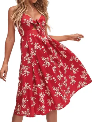 FANCYINN Womens Tie Front Button Down A-Line Dresses Summer Spaghetti Strap Midi Dress Floral Prints