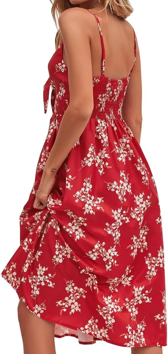 FANCYINN Womens Tie Front Button Down A-Line Dresses Summer Spaghetti Strap Midi Dress Floral Prints