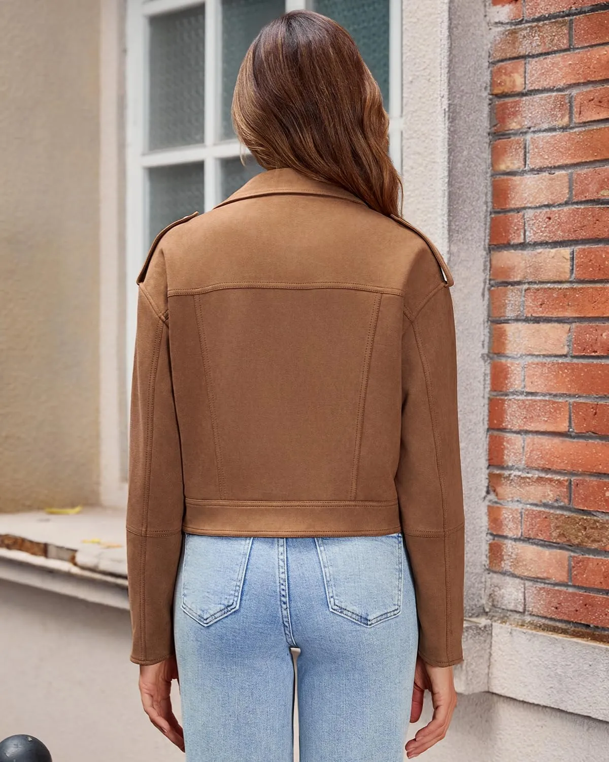 Faux Suede Leather Jacket For Women Moto Biker Coat With Pocket Slim Zip Up Motorcycle Outwear