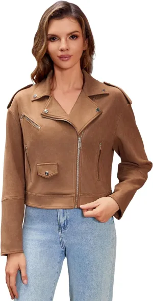 Faux Suede Leather Jacket For Women Moto Biker Coat With Pocket Slim Zip Up Motorcycle Outwear