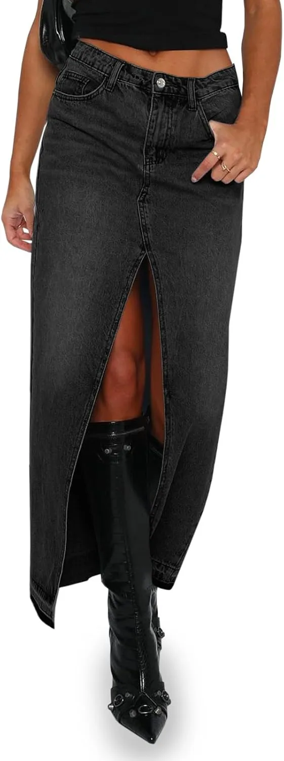 Fisoew Women's Long Denim Maxi Skirts High Waisted Frayed Hem Western Split Jean Skirt Streetwear