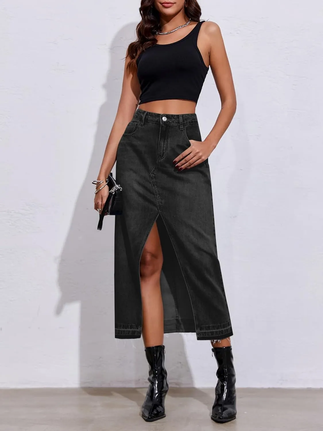 Fisoew Women's Long Denim Maxi Skirts High Waisted Frayed Hem Western Split Jean Skirt Streetwear