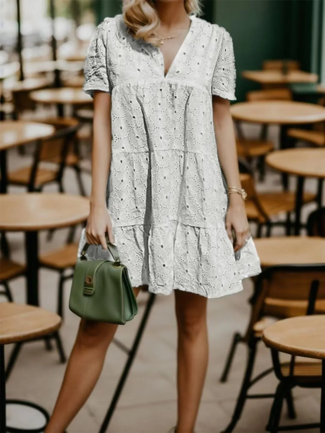 Flamingals Eyelet Dress for Women Embroidery Ruffle Hem Knee Length Casual Dress