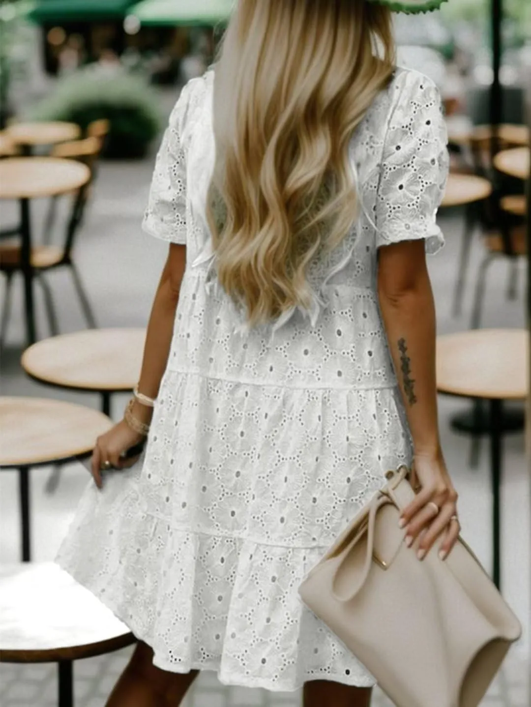 Flamingals Eyelet Dress for Women Embroidery Ruffle Hem Knee Length Casual Dress