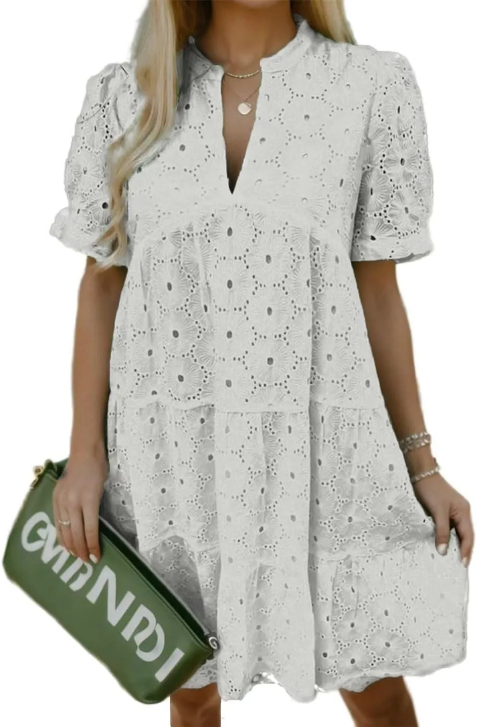 Flamingals Eyelet Dress for Women Embroidery Ruffle Hem Knee Length Casual Dress