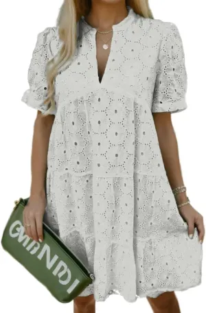 Flamingals Eyelet Dress for Women Embroidery Ruffle Hem Knee Length Casual Dress