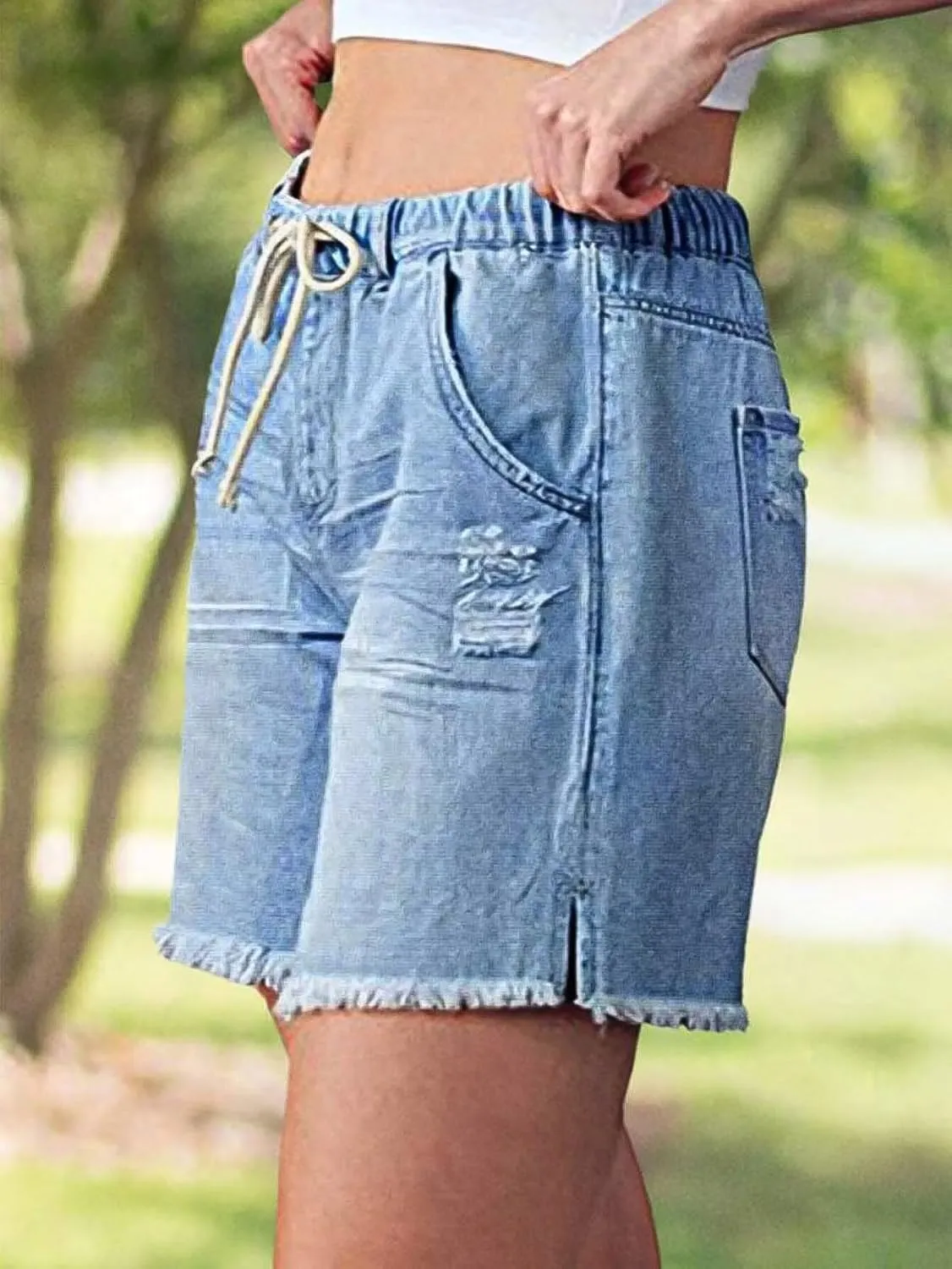 Flamingals Mid Waist Drawstring Raw Hem Ripped Split Detail Trendy Denim Mid Thigh Shorts