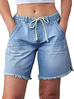 Flamingals Mid Waist Drawstring Raw Hem Ripped Split Detail Trendy Denim Mid Thigh Shorts