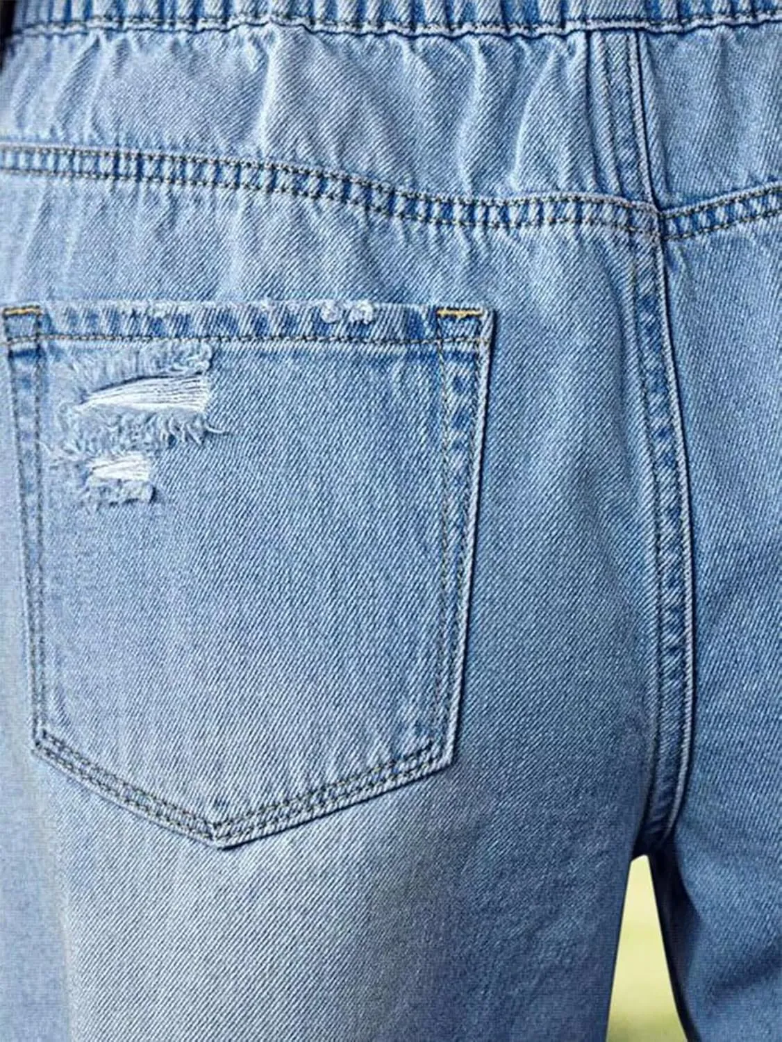 Flamingals Mid Waist Drawstring Raw Hem Ripped Split Detail Trendy Denim Mid Thigh Shorts