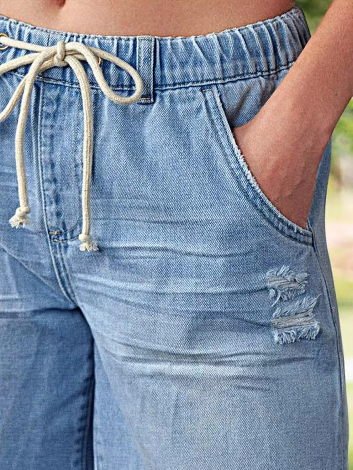 Flamingals Mid Waist Drawstring Raw Hem Ripped Split Detail Trendy Denim Mid Thigh Shorts