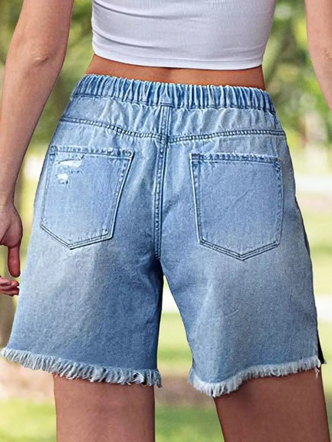 Flamingals Mid Waist Drawstring Raw Hem Ripped Split Detail Trendy Denim Mid Thigh Shorts