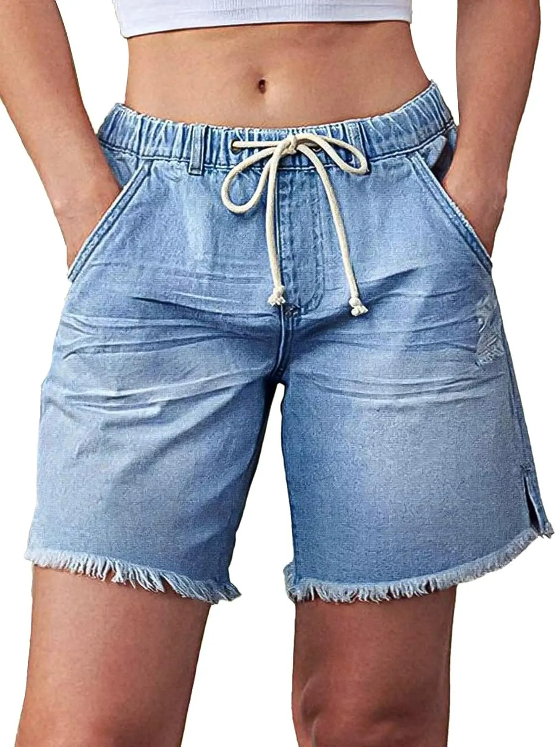 Flamingals Mid Waist Drawstring Raw Hem Ripped Split Detail Trendy Denim Mid Thigh Shorts