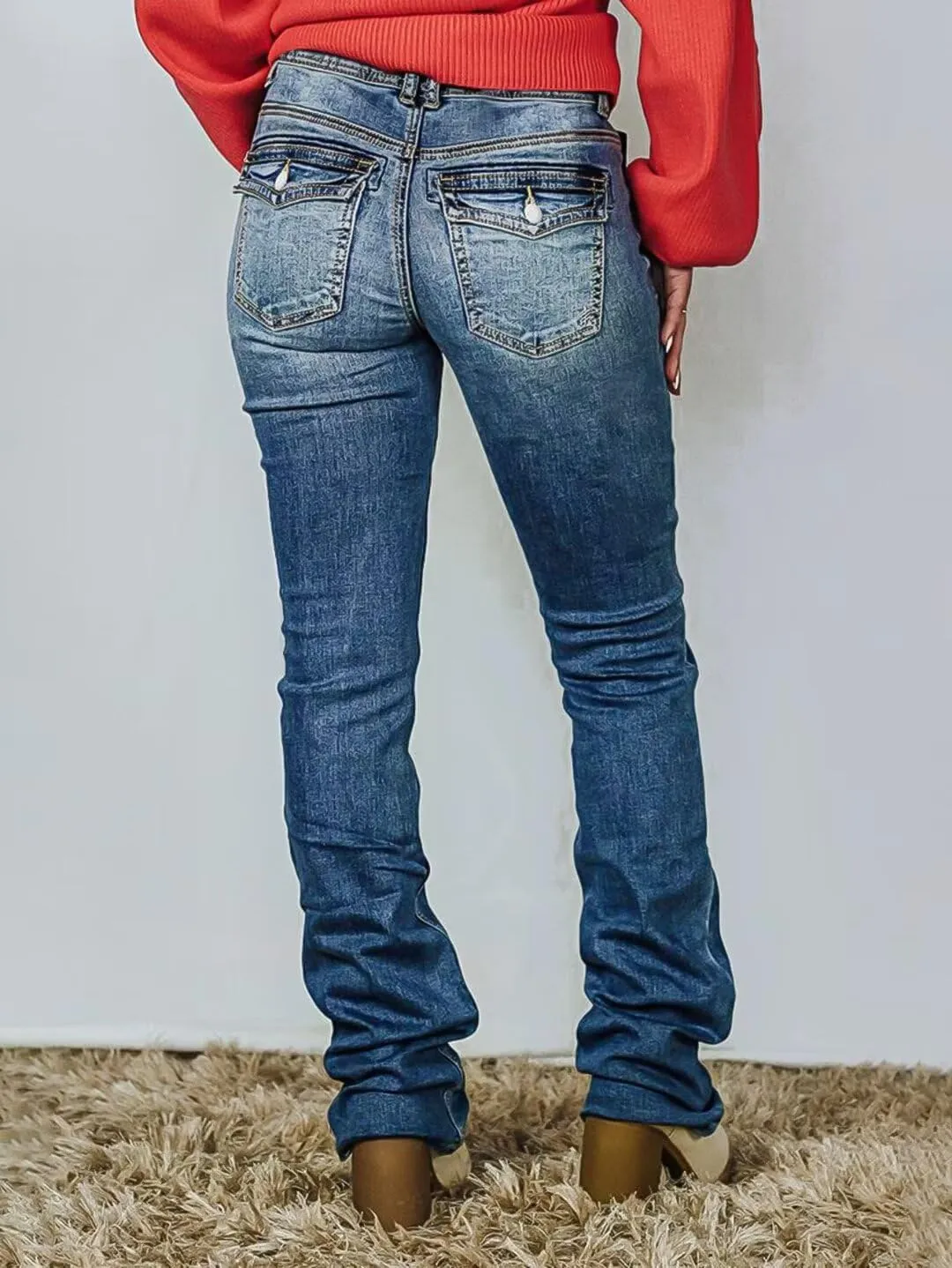 Flamingals Straight Leg Jeans for Women Stretchy Mid Waist Double Button Wash Solid Skinny Jean