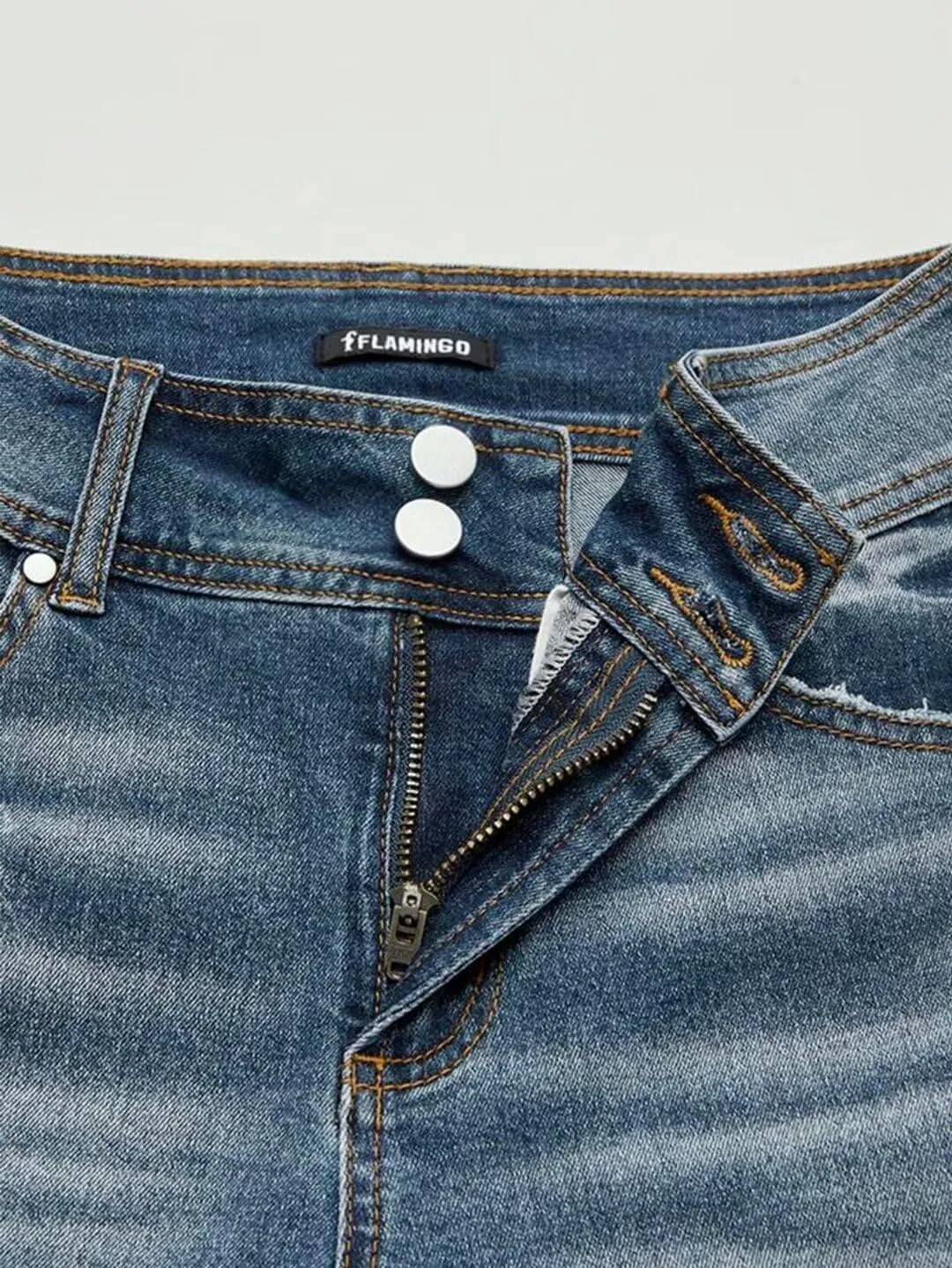 Flamingals Straight Leg Jeans for Women Stretchy Mid Waist Double Button Wash Solid Skinny Jean