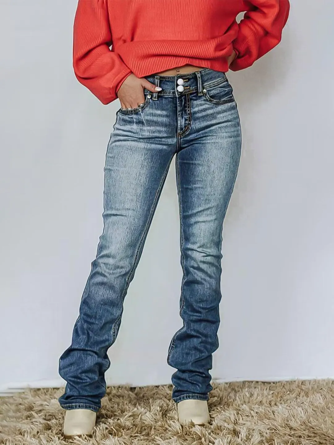 Flamingals Straight Leg Jeans for Women Stretchy Mid Waist Double Button Wash Solid Skinny Jean