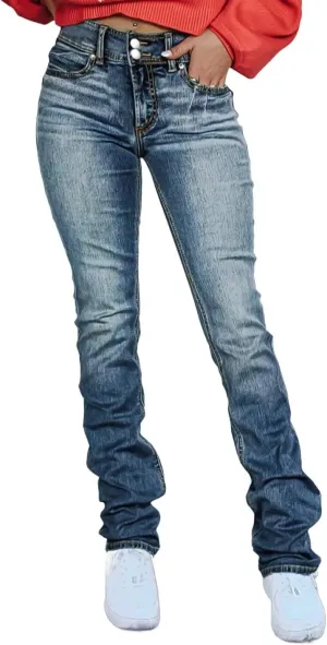 Flamingals Straight Leg Jeans for Women Stretchy Mid Waist Double Button Wash Solid Skinny Jean