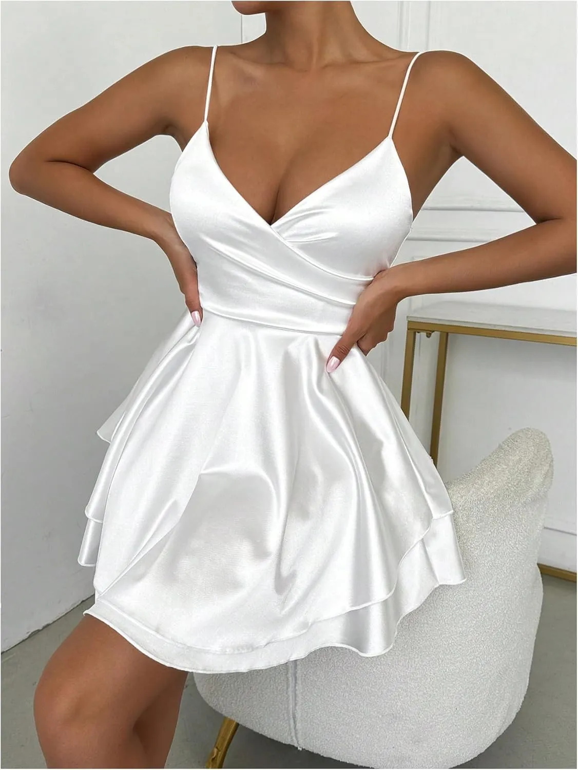 Floerns Women's Satin Layered Ruffle V Neck Cami Dress A Line Elegant Mini Dresses