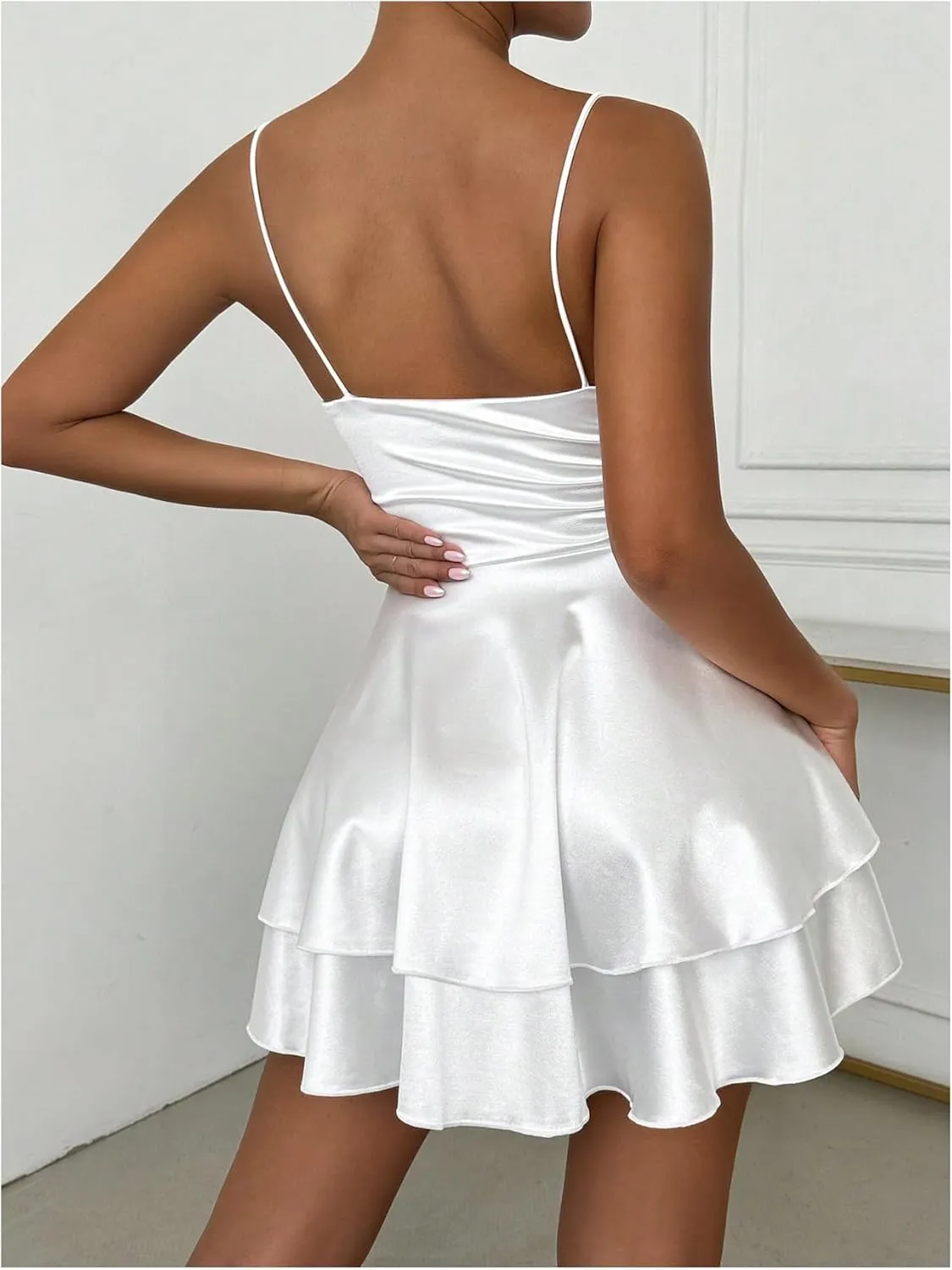 Floerns Women's Satin Layered Ruffle V Neck Cami Dress A Line Elegant Mini Dresses